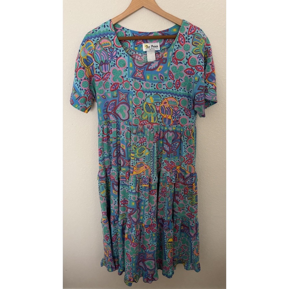 VTG Two Potato Laguna Beach Whimsical Tiered Maxi Dress Large Colorful Cotton